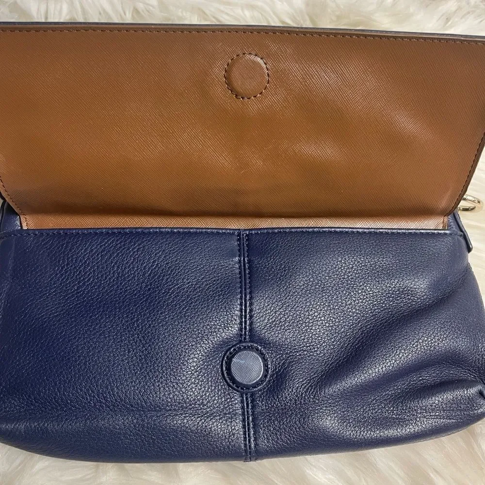 DKNY Melissa leather Navy Blue satchel with silver tone chain strap.